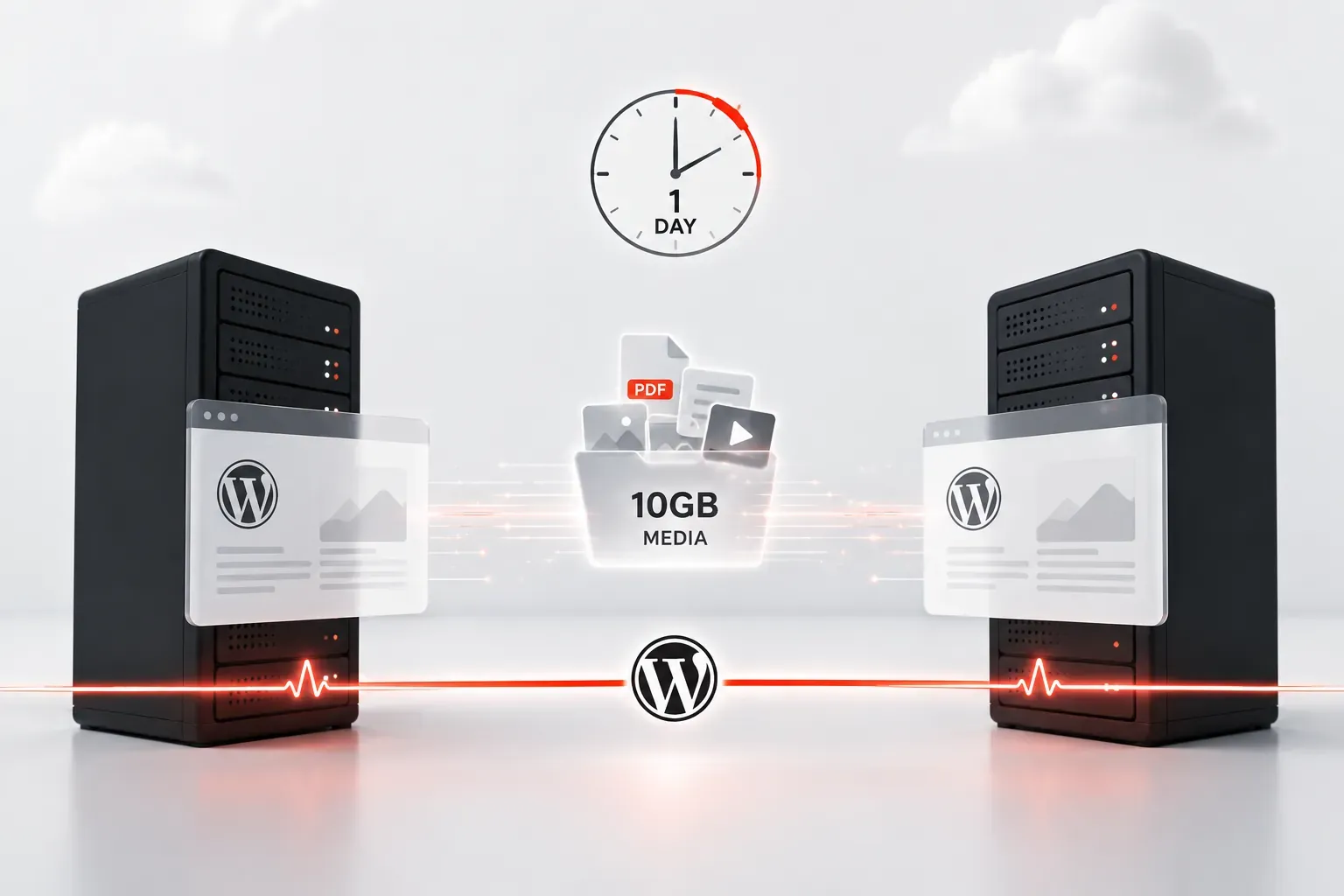 A WordPress site moving between two servers with a 10GB media stack transferring beneath it, a clock showing one working day, and an uninterrupted uptime line running across both.