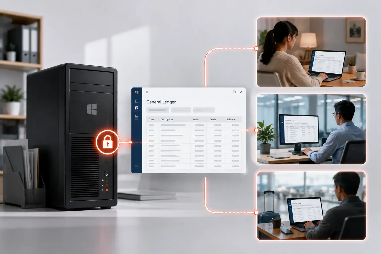 A Windows server in an office connected to laptops at home and at desks, with an accounting ledger window shared between them.