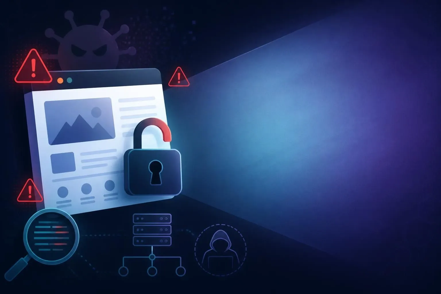 Illustration of a website window with an open padlock in front of it, surrounded by red warning triangles, a virus icon, a magnifying glass over code, a server diagram and a hooded figure at a laptop.