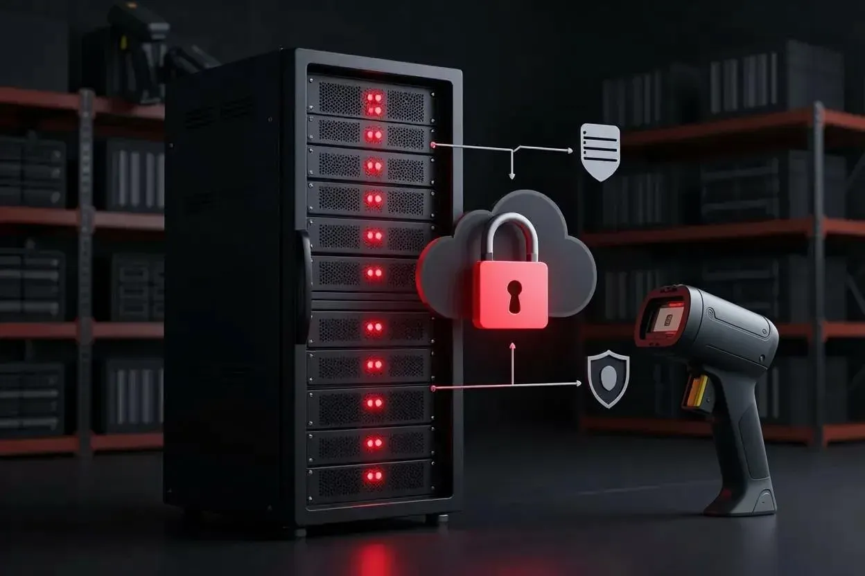 A padlocked web server exchanging product photos and delivery documents with a cloud object storage bucket, with warehouse shelves and a barcode scanner beside it.