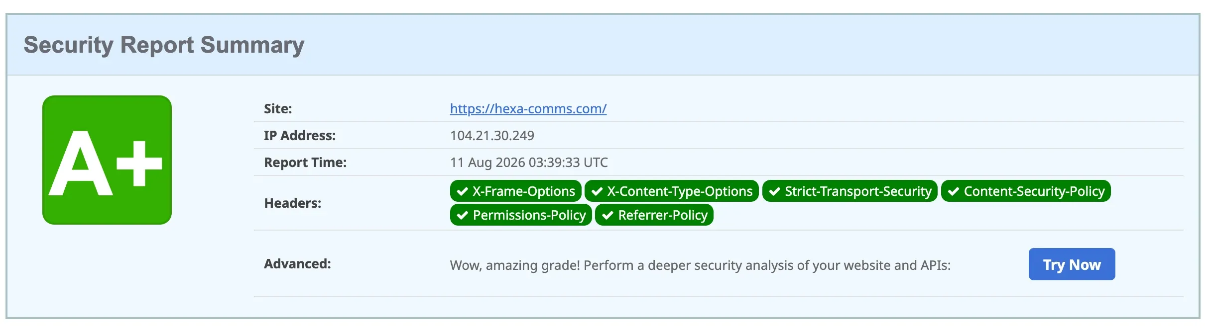 The securityheaders.com report for hexa-comms.com, showing an A+ grade with X-Frame-Options, X-Content-Type-Options, Strict-Transport-Security, Content-Security-Policy, Permissions-Policy and Referrer-Policy all present.