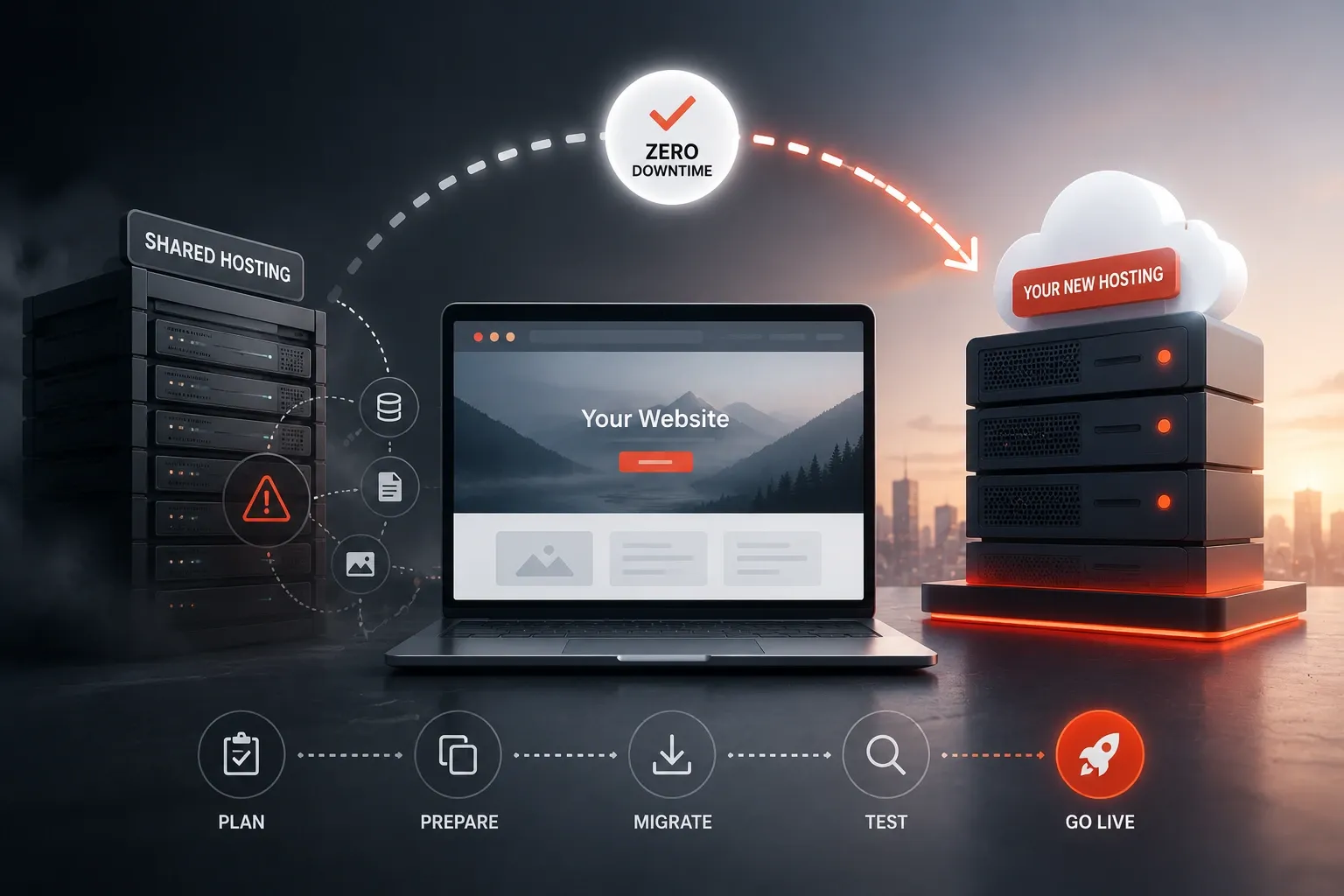 A website on a laptop moving from a shared hosting rack to a new cloud server, with a "zero downtime" checkmark arcing between them and a plan, prepare, migrate, test, go live sequence below.