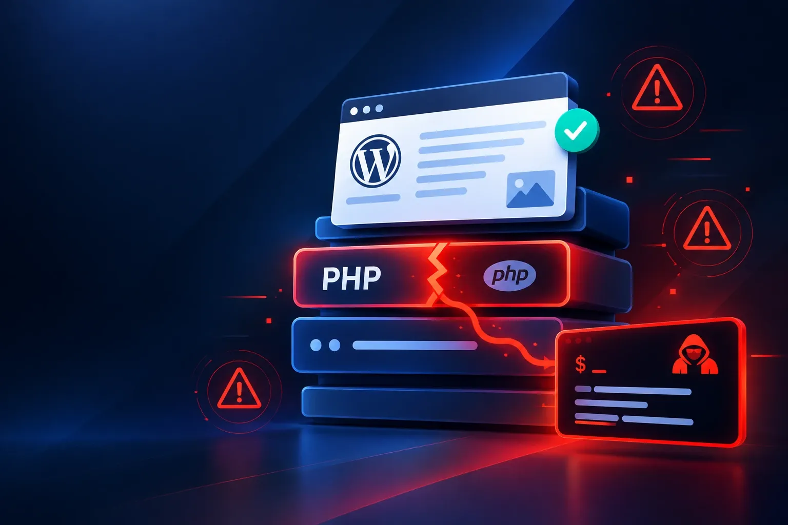 Illustration of a server stack in which a WordPress browser window with a green tick sits on top, the PHP layer beneath it glows red and is split by a crack, and the crack runs down into a terminal window marked with a hooded figure, with red warning triangles around the stack.