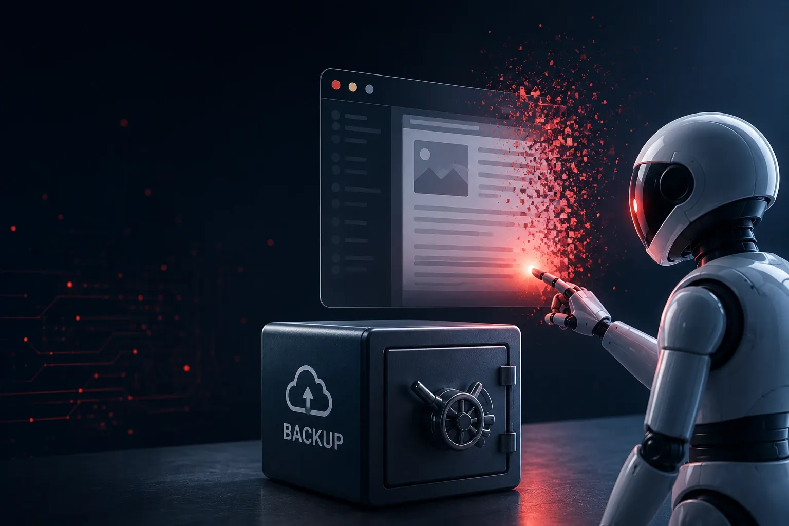 A robot touching a floating website window that disintegrates into red pixels, while a closed safe labelled "backup" sits untouched beside it.